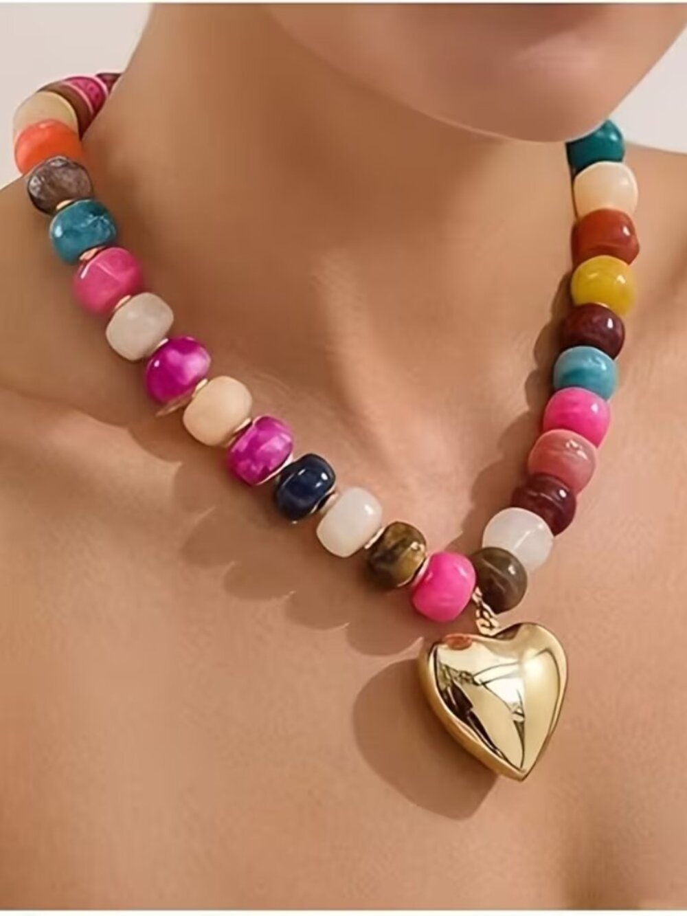 Chunky Multi-Colored Bead Necklace with Large Gold Heart‎ (NEW & BEAUTIFUL!)